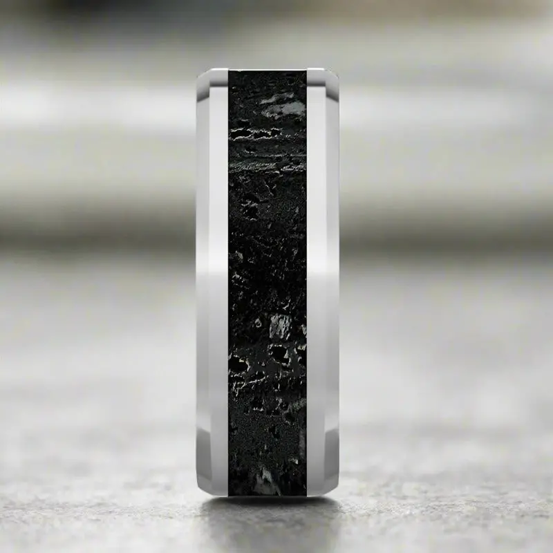 Kilauea | Tungsten Ring, Lava Rock Stone Inlay, Beveled 4