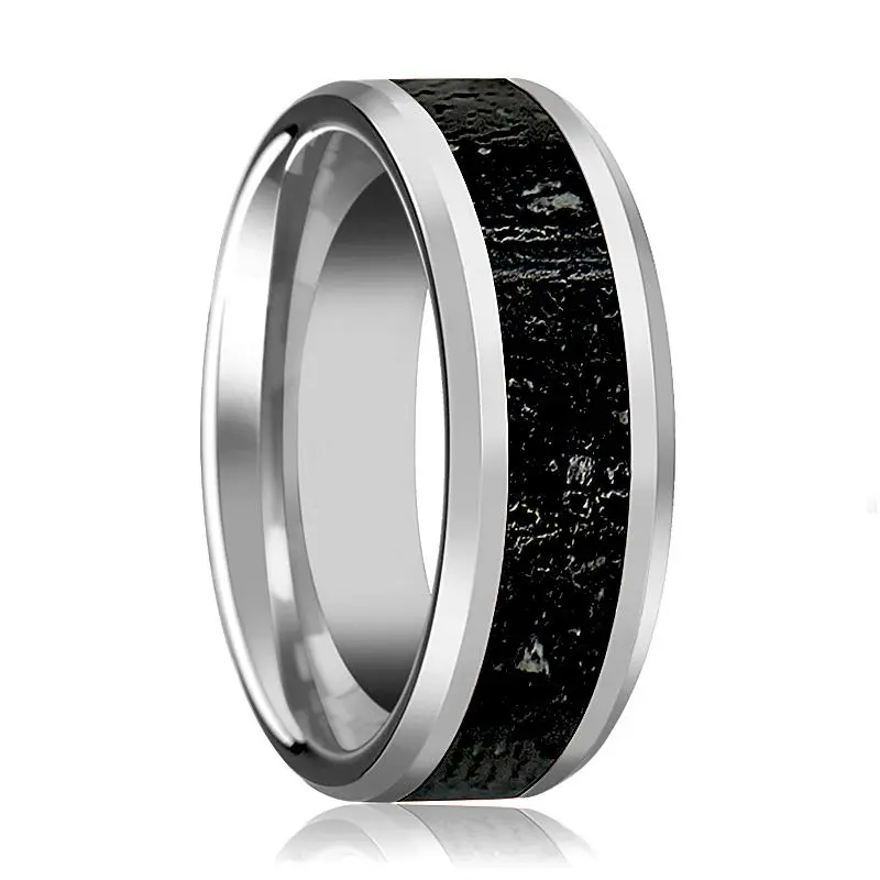 Kilauea | Tungsten Ring, Lava Rock Stone Inlay, Beveled 1