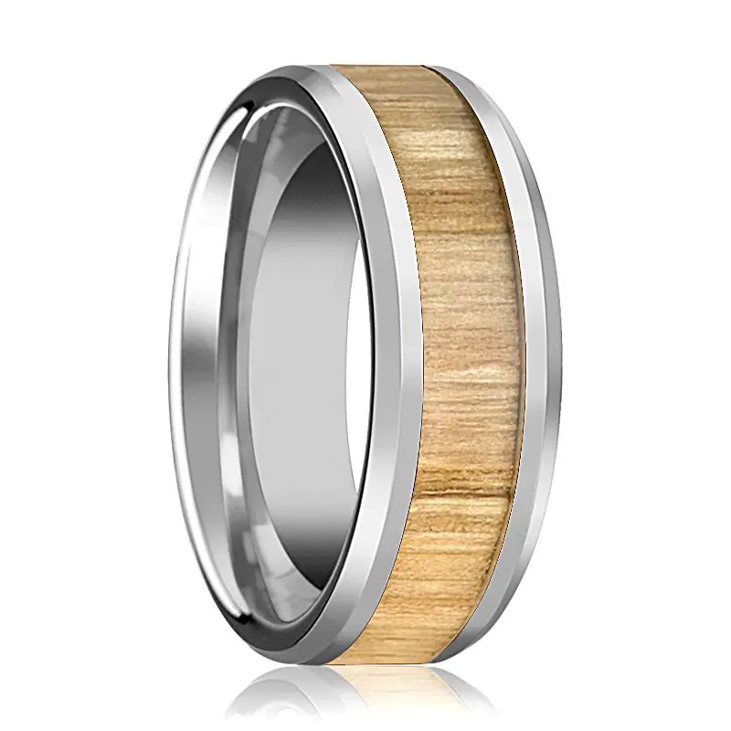 Samara | Silver Tungsten Ring, Ash Wood Inlay, Beveled 1