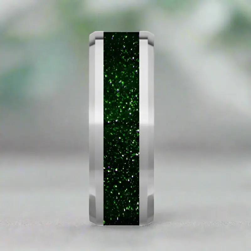 Patrick | Tungsten Ring, Green Gold Stone Inlay, Beveled 4