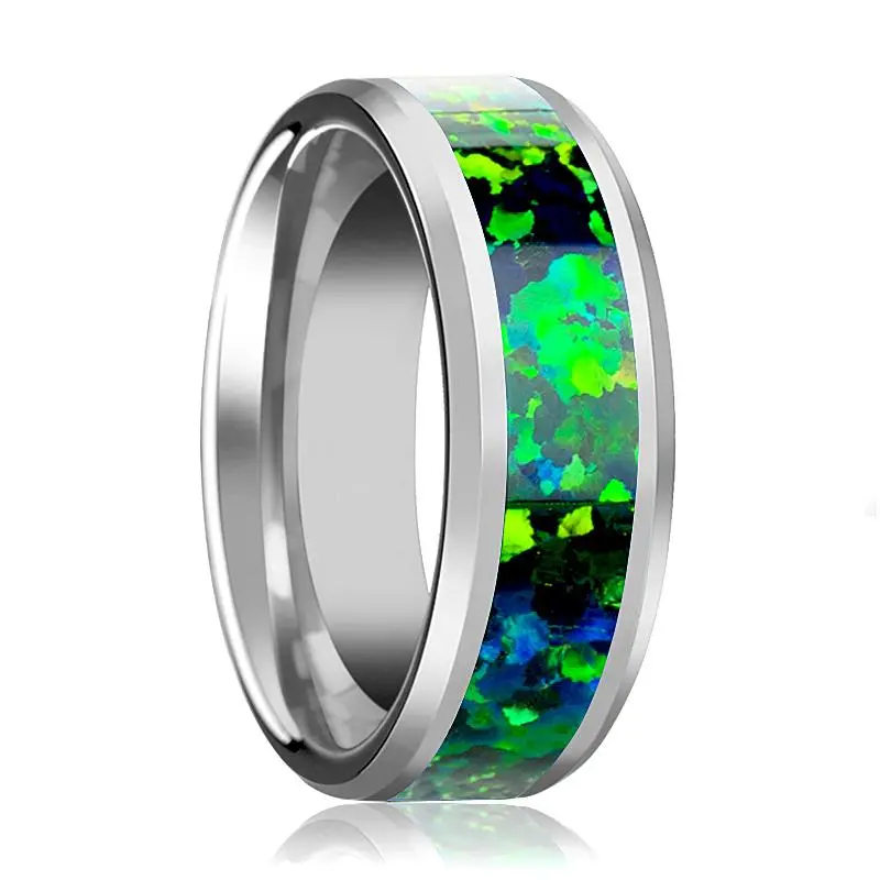 Photon | Tungsten Ring, Emerald Green And Sapphire Blue Opal Inlay, Beveled 1