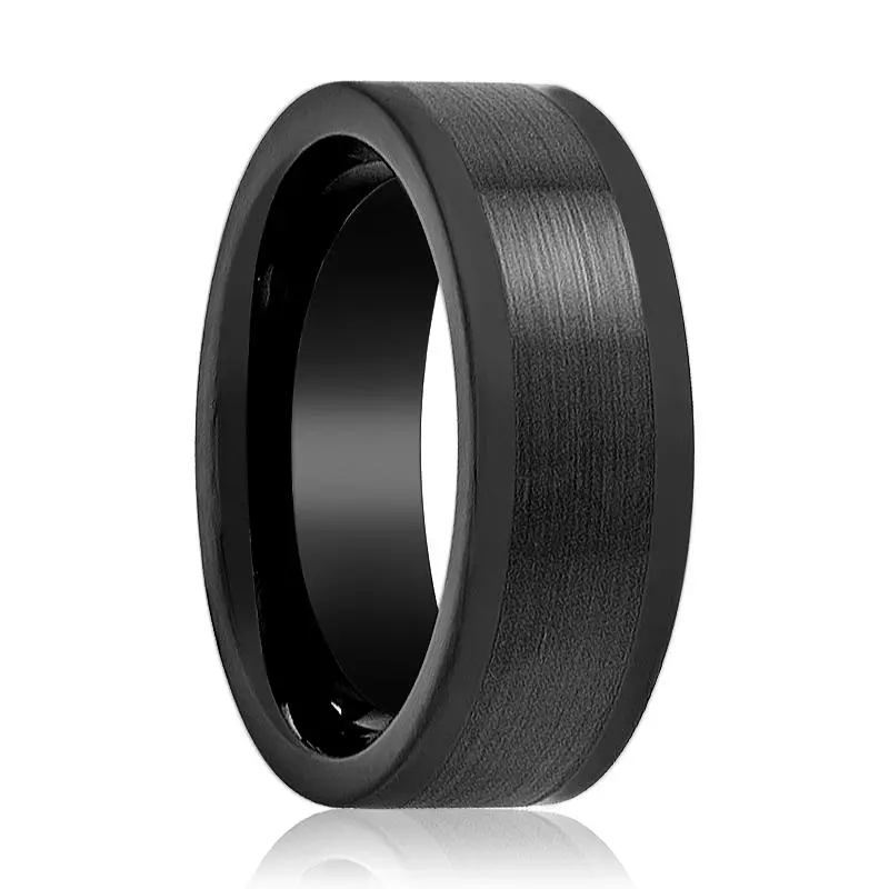Duskora | Black Tungsten Ring, Brushed Center & Polished Edges, Flat 1