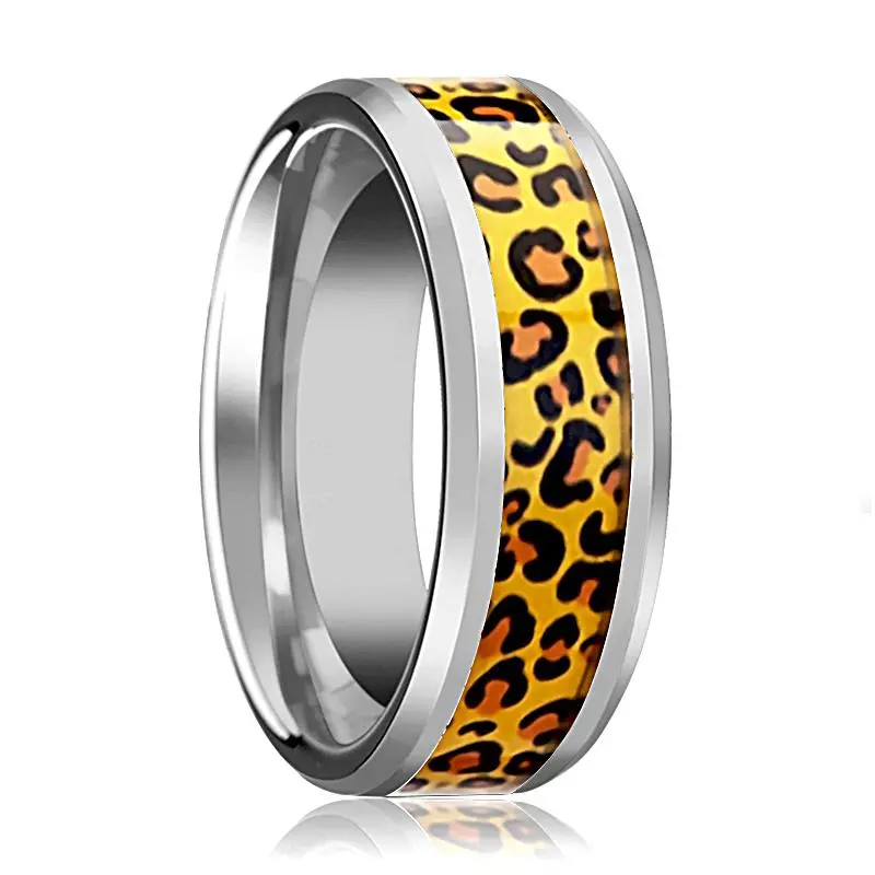 Men's Tungsten Wedding Band With Cheetah Print Animal Design Inlay And Bevels - 6Mm - 8Mm 1