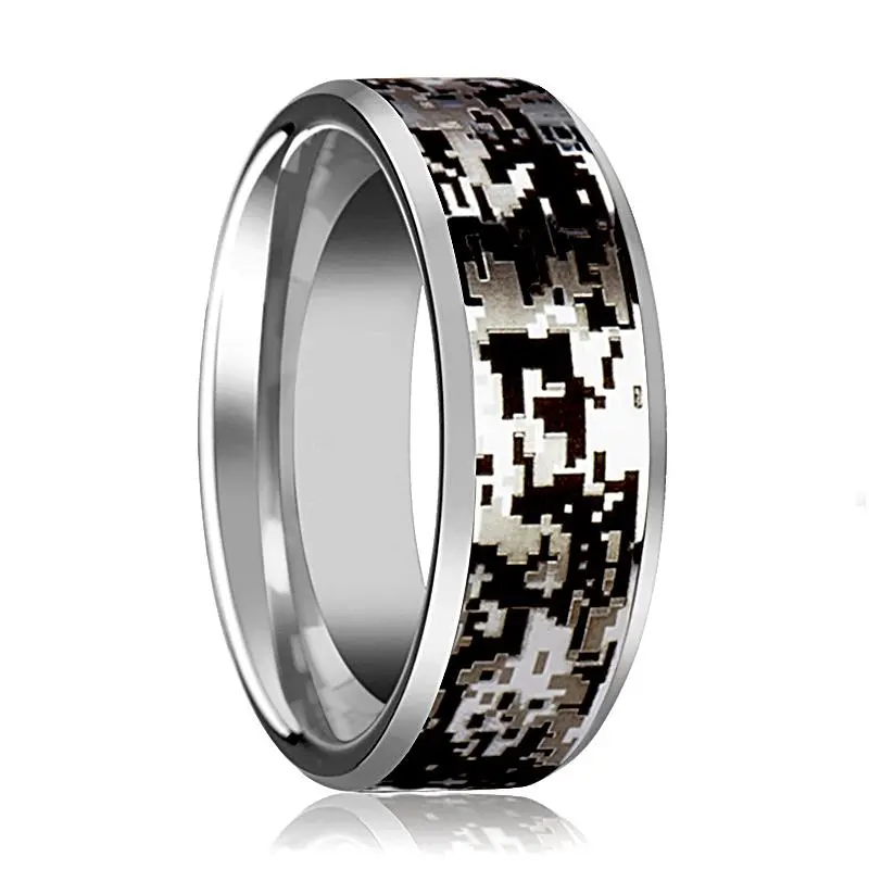 Men's Tungsten Wedding Band With Digital Camouflage Inlay And Beveled Edges - 8Mm 1