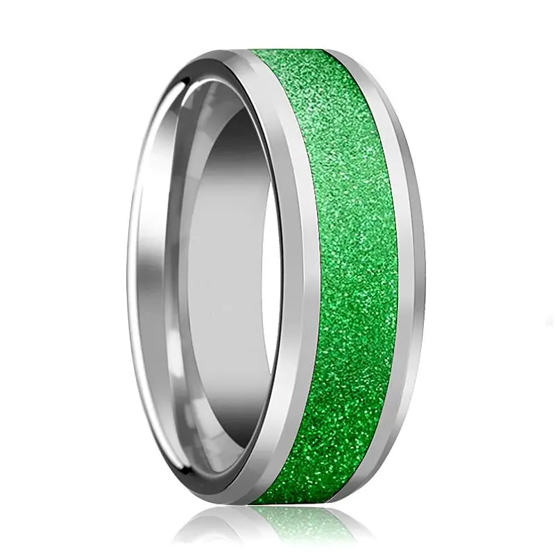 Men's Tungsten Wedding Band With Green Sparkling Inlay And Bevels - 8Mm 1