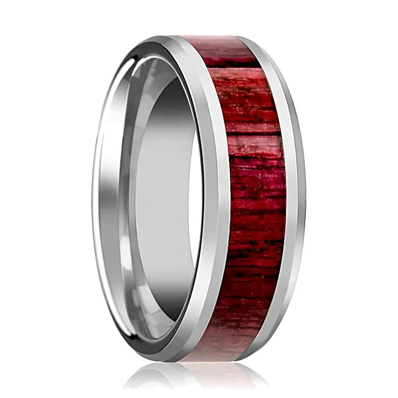 Mauve | Silver Tungsten Ring, Purple Heart Wood Inlay, Beveled 1