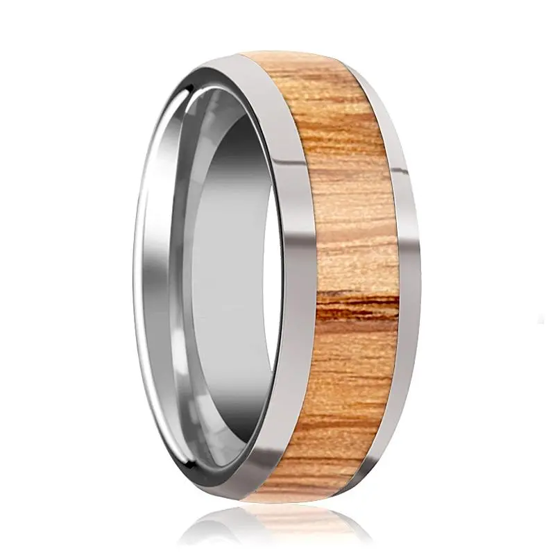 Cinder | Silver Tungsten Ring, Red Oak Wood Inlay, Domed 1