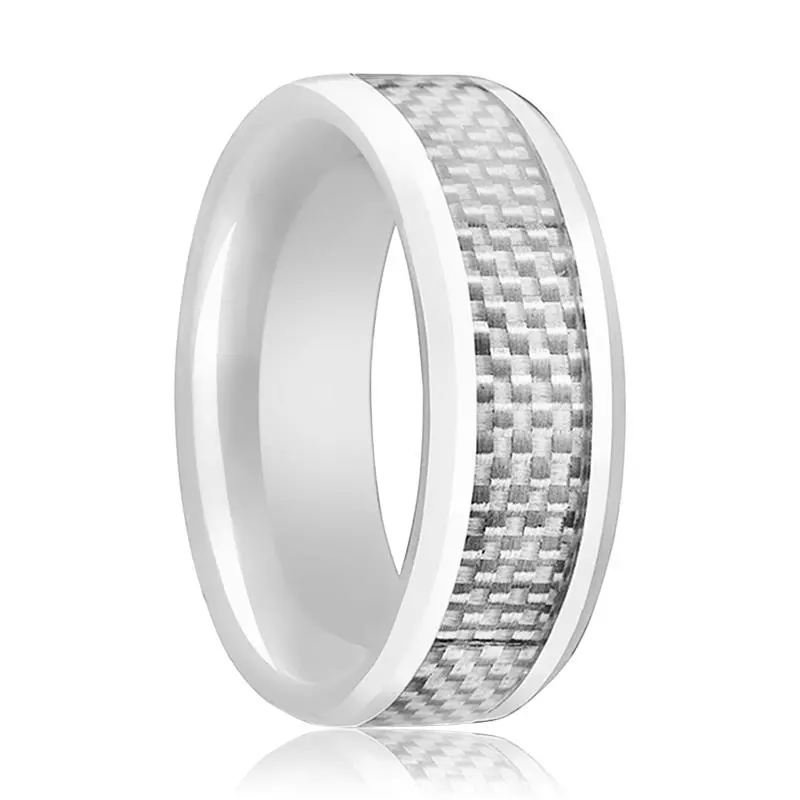 Kenyon | White Ceramic Ring, White Carbon Fiber Inlay, Beveled 1