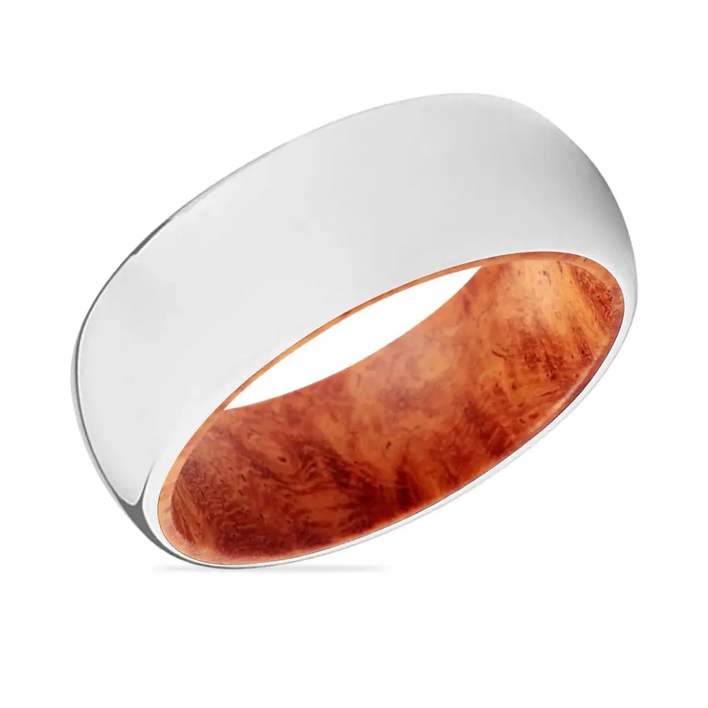 Mephisto | Red Burl Wood, Silver Tungsten Ring, Shiny, Domed 2