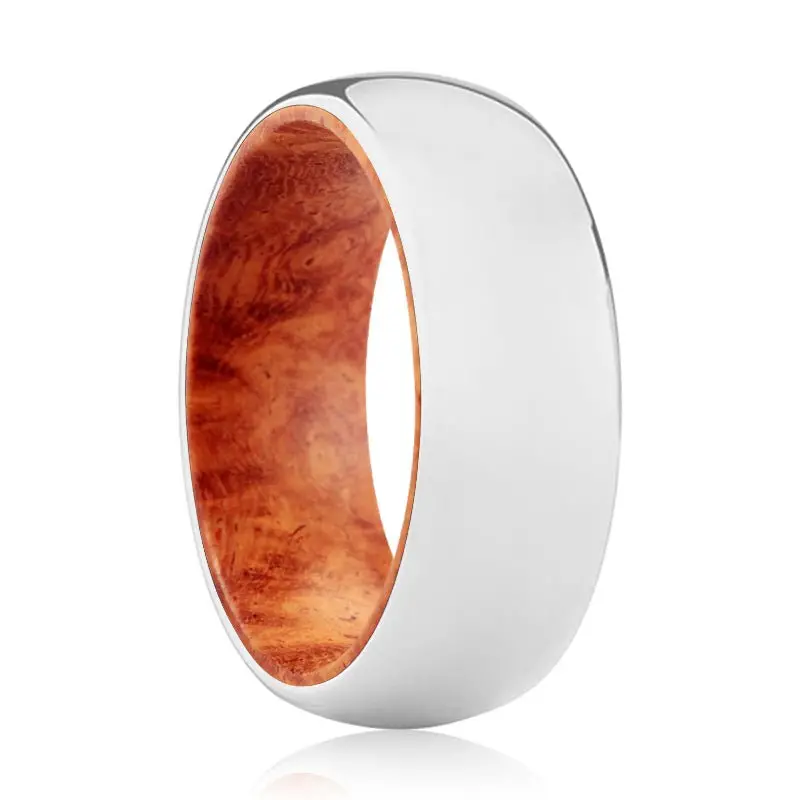 Mephisto | Red Burl Wood, Silver Tungsten Ring, Shiny, Domed 1