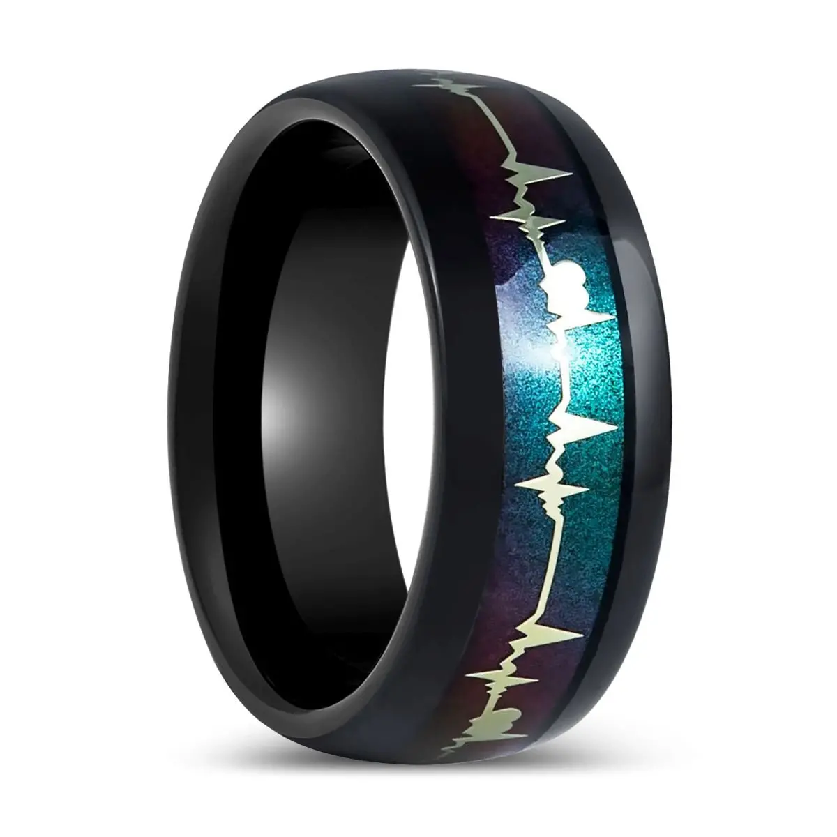 Merkatos | Black Tungsten Ring With Rainbow And Ekg Cutout 1