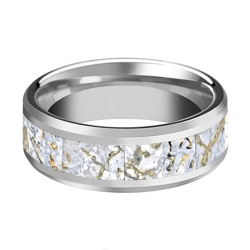 Mesozoic | Tungsten Ring, White Dinosaur Bone Inlay, Beveled 2