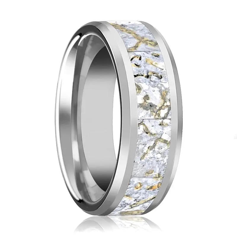 Mesozoic | Tungsten Ring, White Dinosaur Bone Inlay, Beveled 1