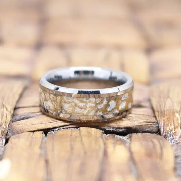 Mesozoic | Tungsten Ring, White Dinosaur Bone Inlay, Beveled 4