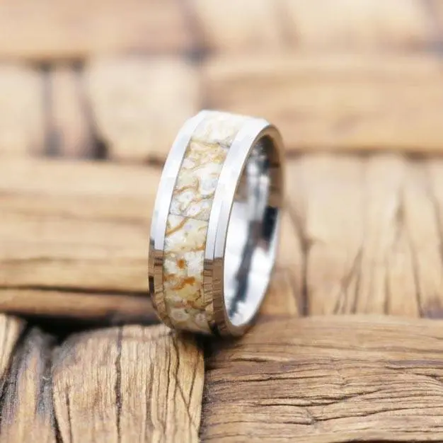 Mesozoic | Tungsten Ring, White Dinosaur Bone Inlay, Beveled 3