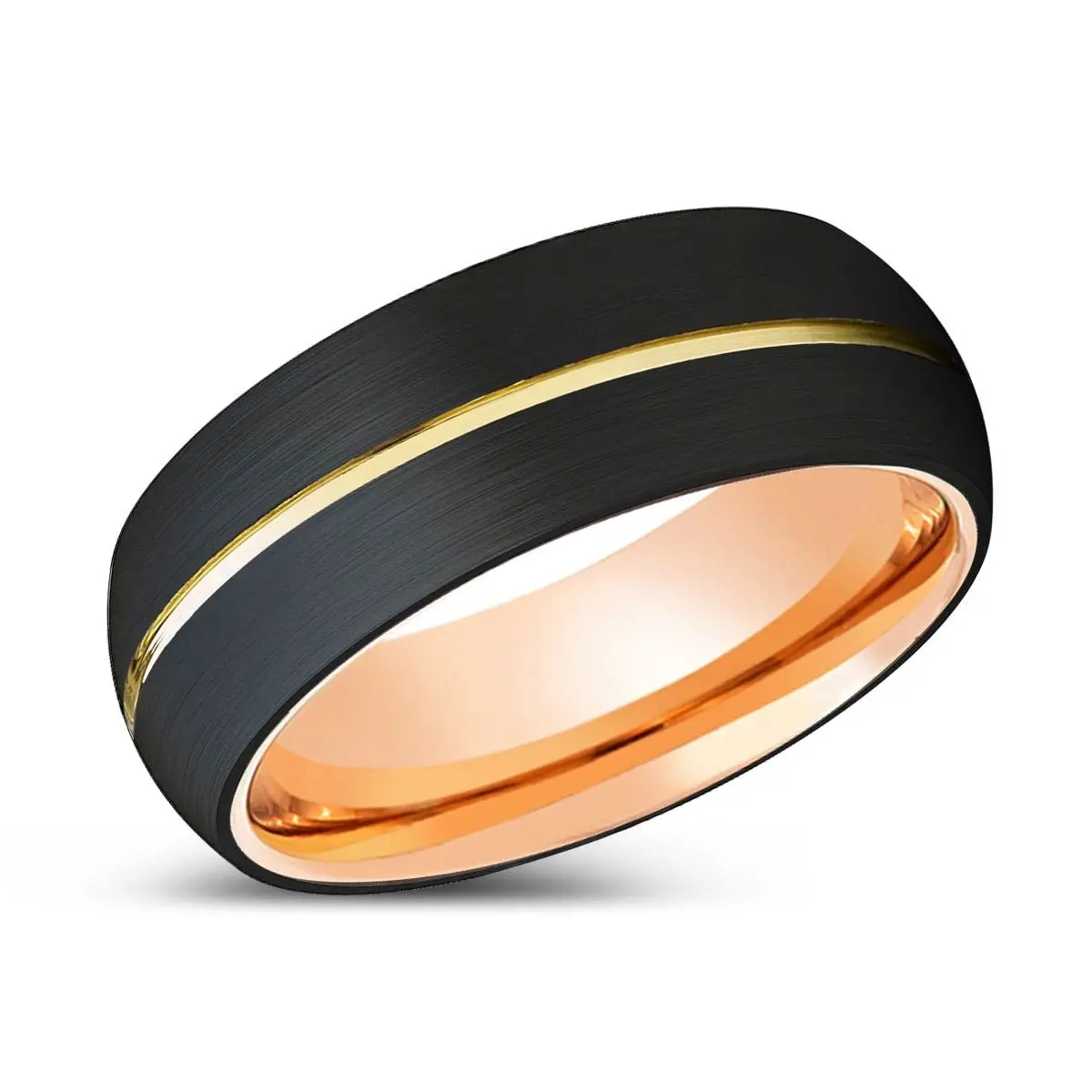 Metod | Rose Gold Ring, Black Tungsten Ring, Gold Groove, Domed 2