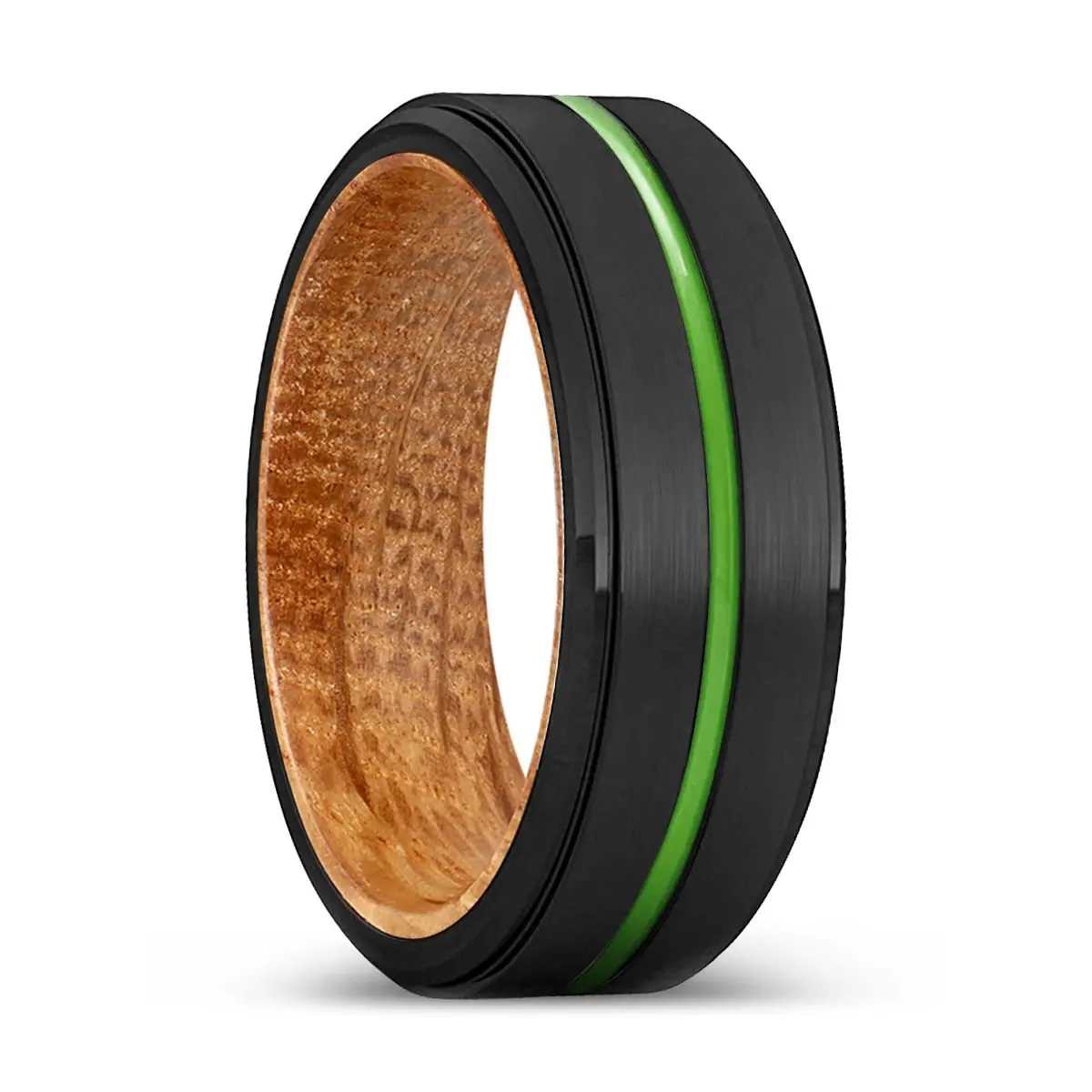 Midland | Whiskey Barrel Wood, Black Tungsten Ring, Green Groove, Stepped Edge 1