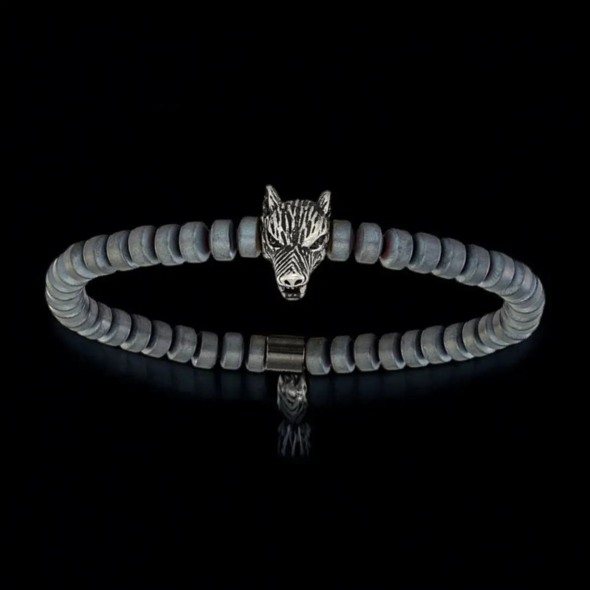 Men's Beaded Bracelet - Hematite Stone Jewelry With Wolf Head Charm, Stainless Steel 1
