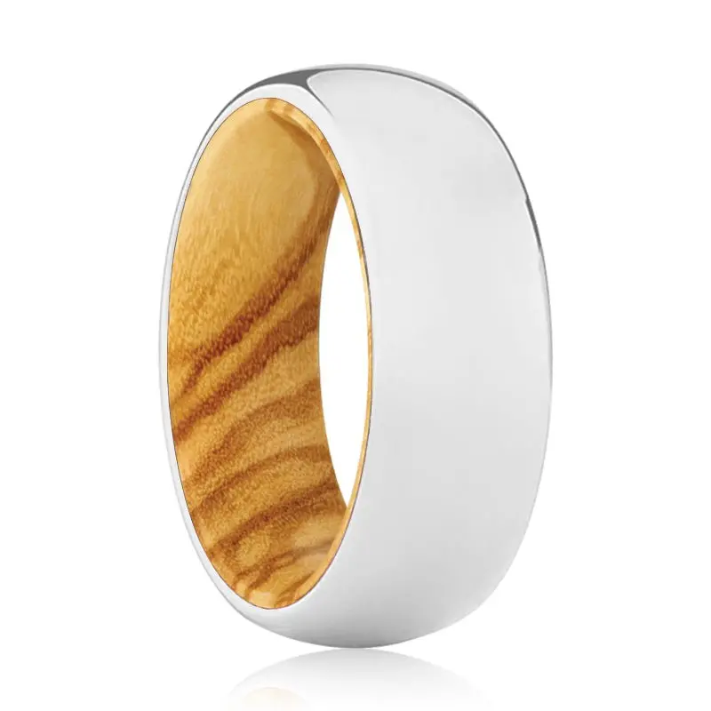 Mighty | Olive Wood, Silver Tungsten Ring, Shiny, Domed 1