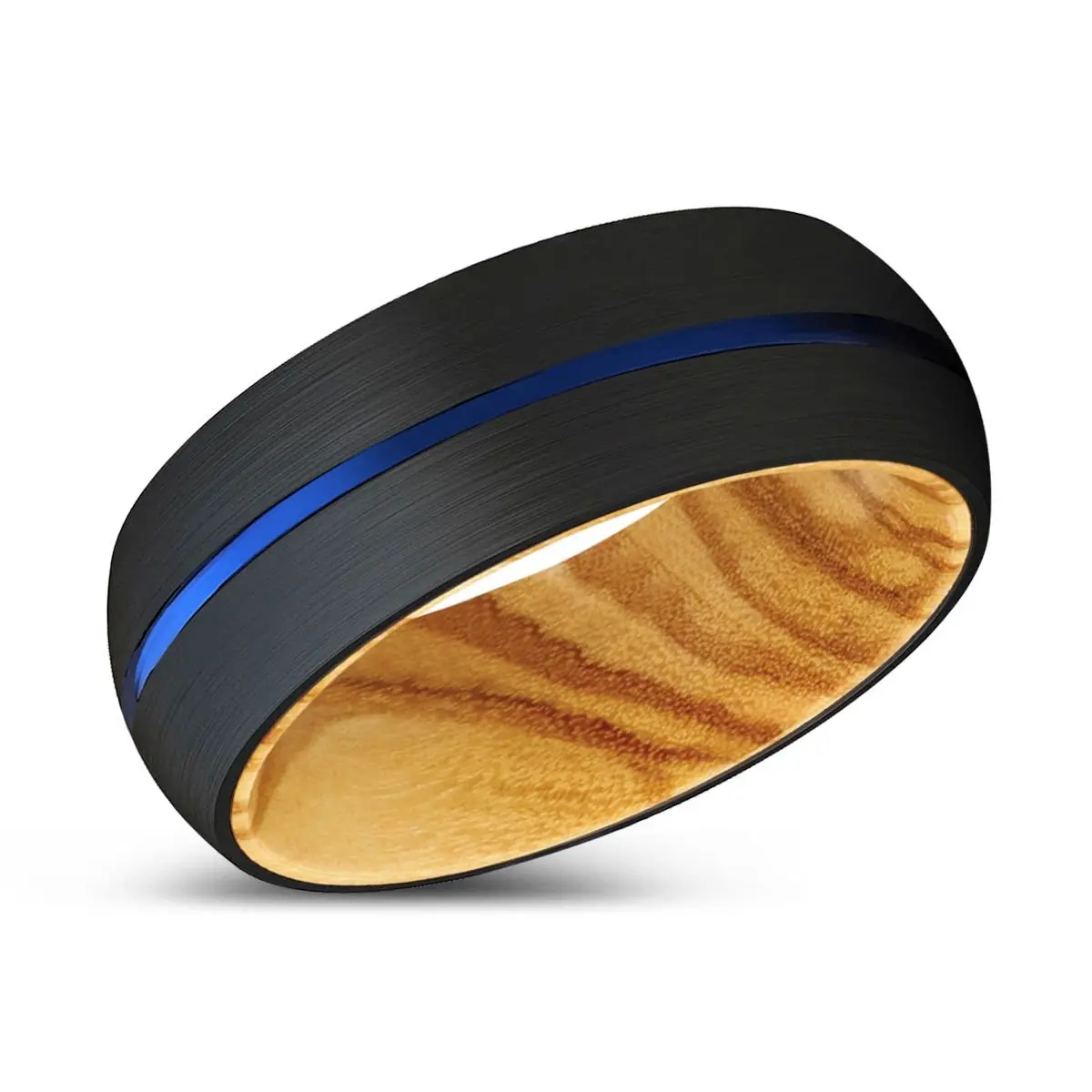 Mikey | Olive Wood, Black Tungsten Ring, Blue Groove, Domed 2