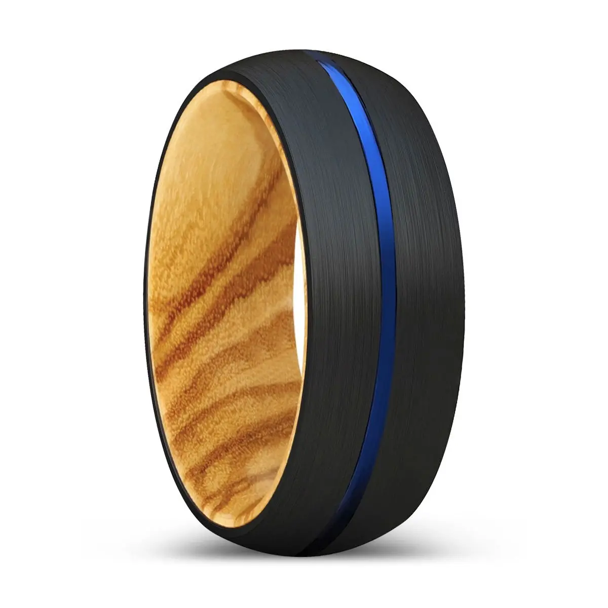 Mikey | Olive Wood, Black Tungsten Ring, Blue Groove, Domed 1
