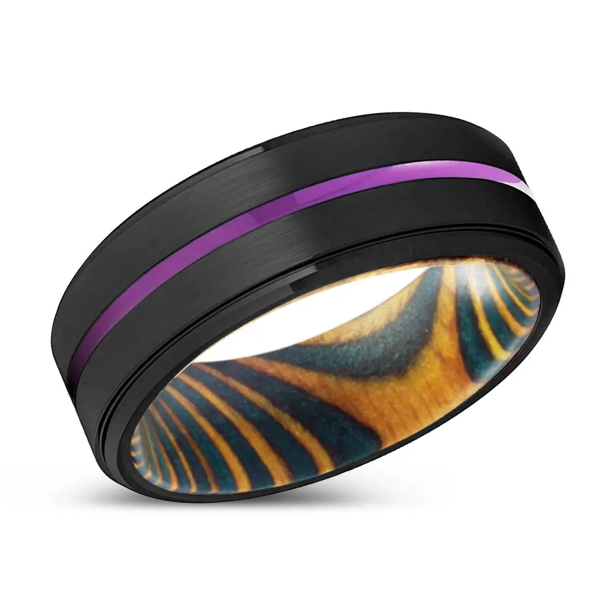 Mildura | Green & Yellow Wood, Black Tungsten Ring, Purple Groove, Stepped Edge 2