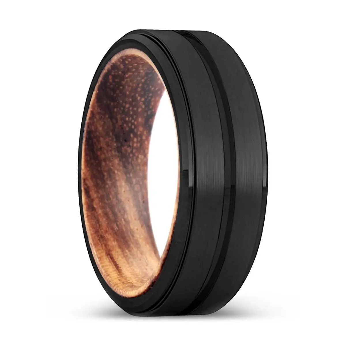 Miles | Zebra Wood, Black Tungsten Ring, Grooved, Stepped Edge 1