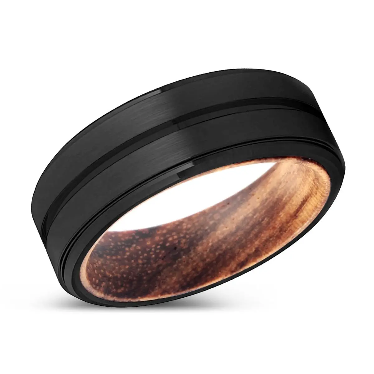 Miles | Zebra Wood, Black Tungsten Ring, Grooved, Stepped Edge 2