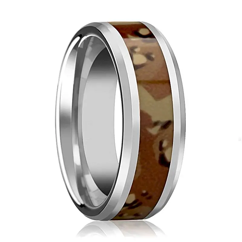 Military Camo Ring - Men's Tungsten Wedding Band W/ Desert Camouflage Inlay And Bevels - 8Mm 1