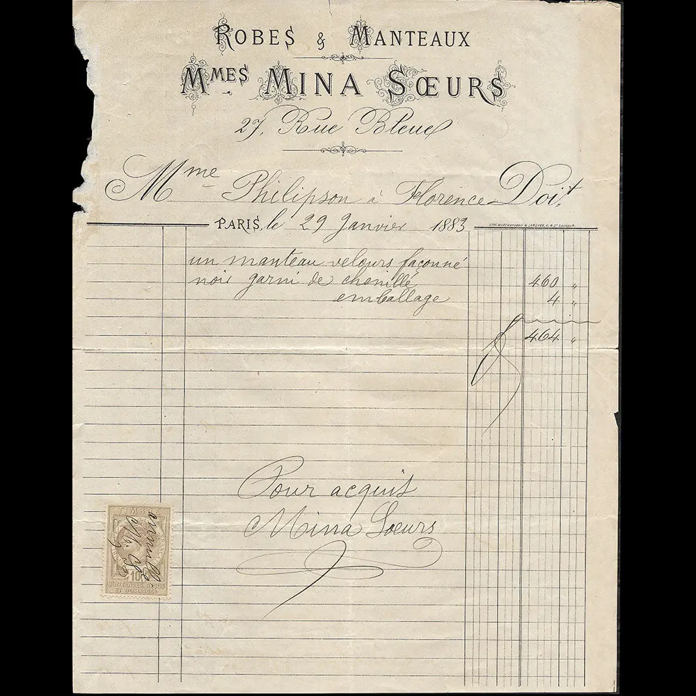Mina Soeurs - Facture Des Couturières, 27 Rue Bleue À Paris (1883) 1