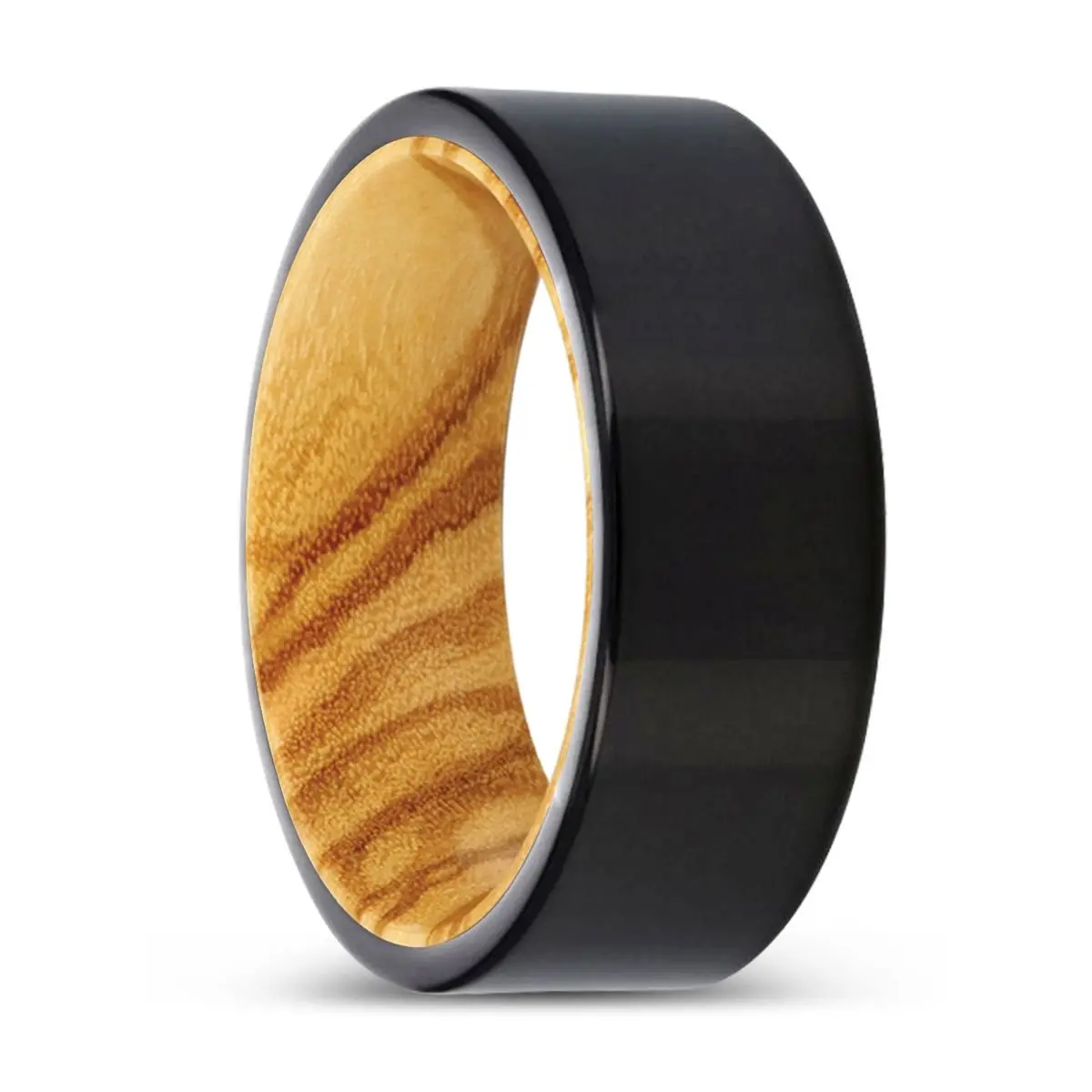 Minks | Olive Wood, Black Tungsten Ring, Shiny, Flat 1