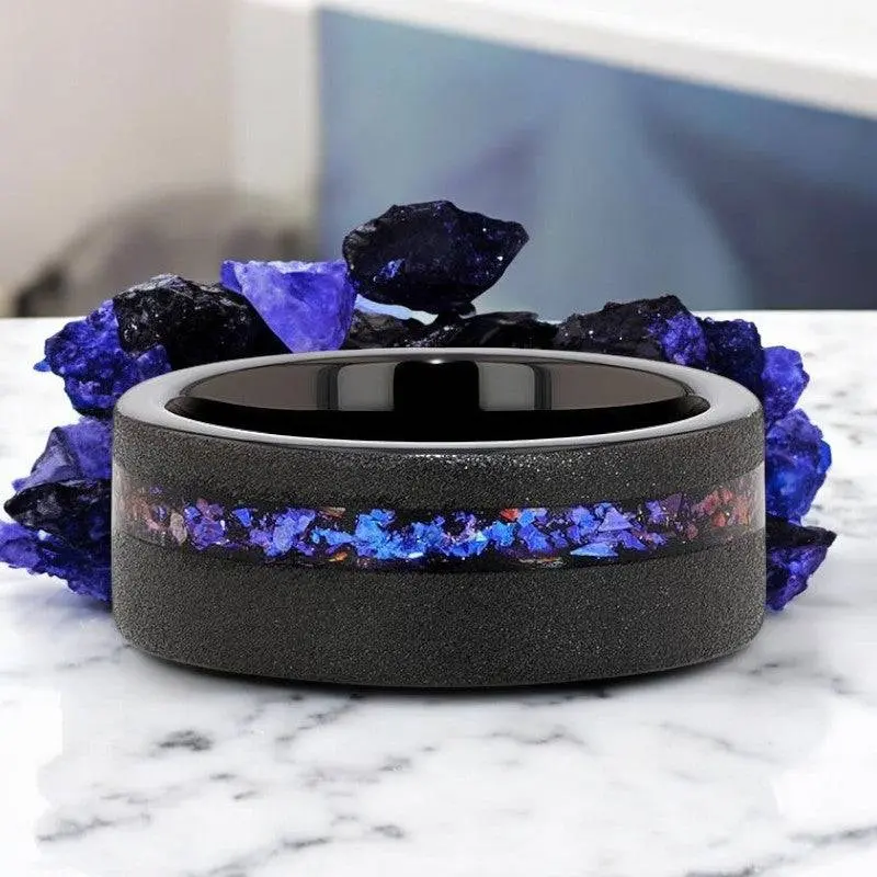 Mirage | Black Tungsten Ring, Alexandrite And Goldstone Inlay, Flat 5