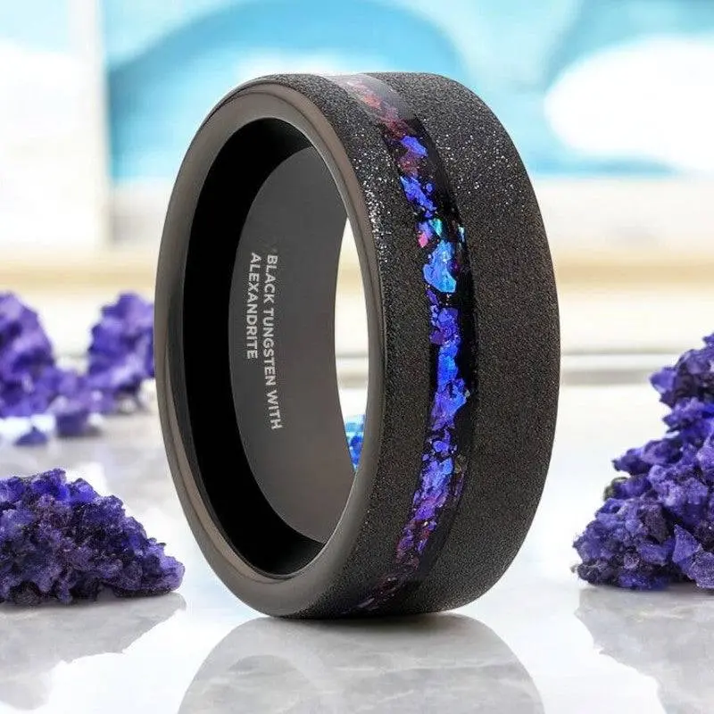 Mirage | Black Tungsten Ring, Alexandrite And Goldstone Inlay, Flat 1