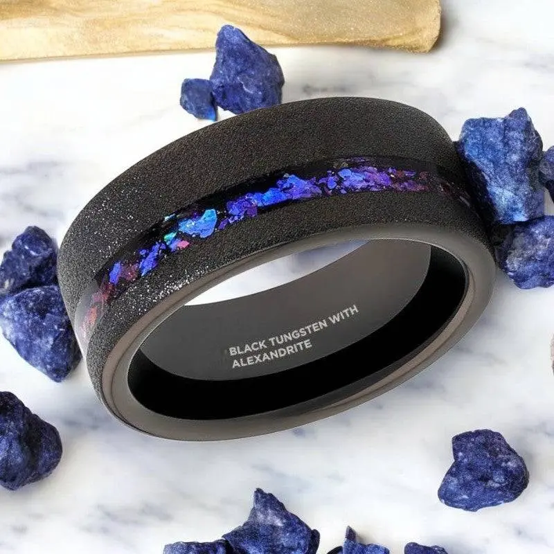 Mirage | Black Tungsten Ring, Alexandrite And Goldstone Inlay, Flat 2