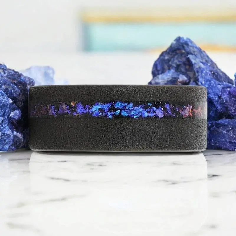 Mirage | Black Tungsten Ring, Alexandrite And Goldstone Inlay, Flat 3
