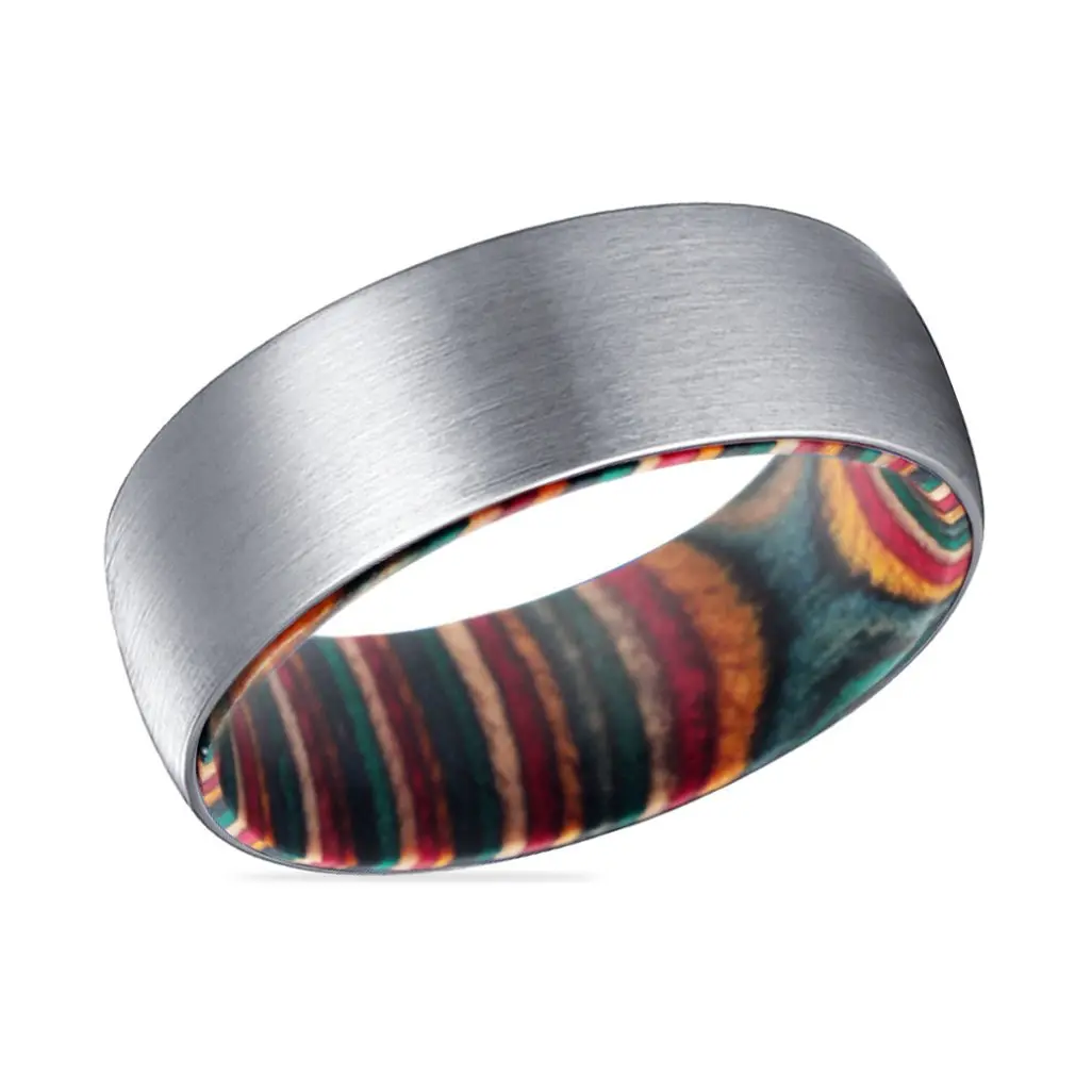 Mirage | Multi Color Wood, Silver Tungsten Ring, Brushed, Domed 2