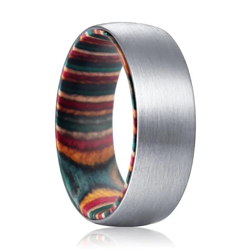 Mirage | Multi Color Wood, Silver Tungsten Ring, Brushed, Domed 1