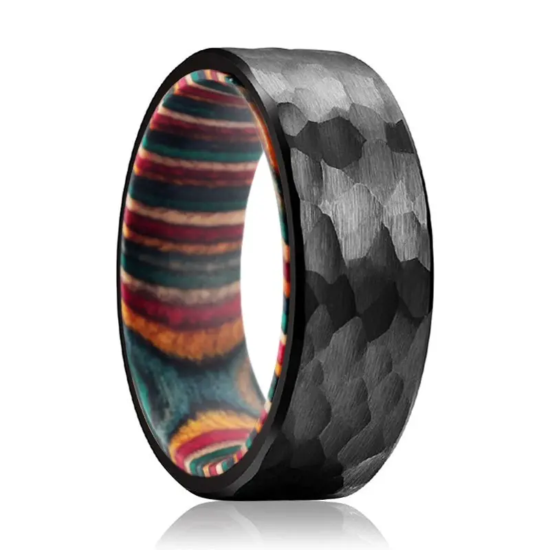 Mirai | Multi Color Wood, Black Tungsten Ring, Hammered, Flat 1