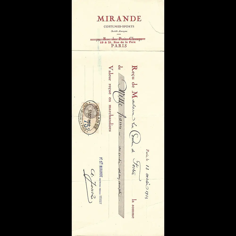 Mirande - Reçu De La Maison De Couture, 19-21 Rue De La Paix Paris (1933) 1