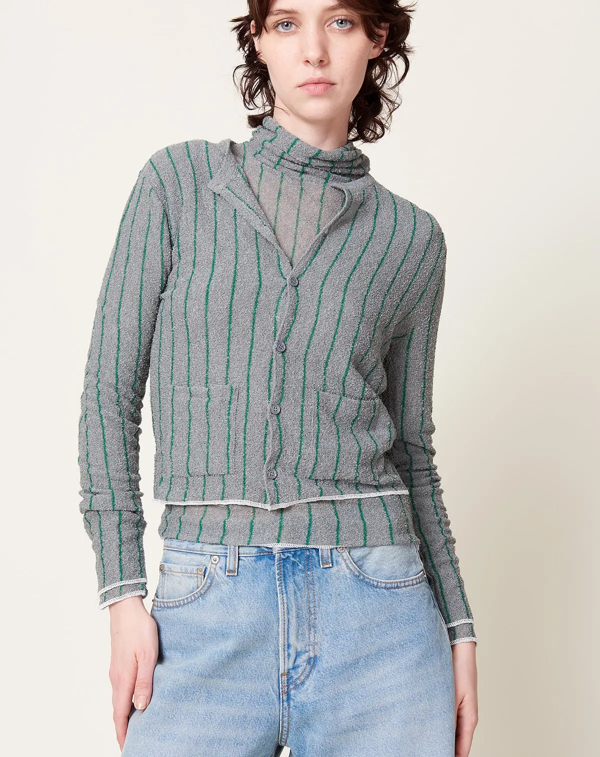 Crewneck Cardigan In Grey Green 1