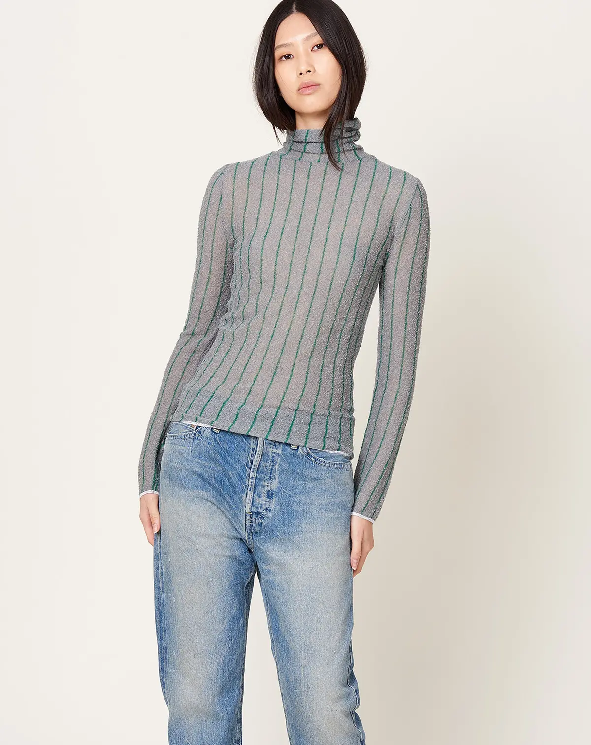 Pinstripe Turtleneck Pullover In Grey Green 1