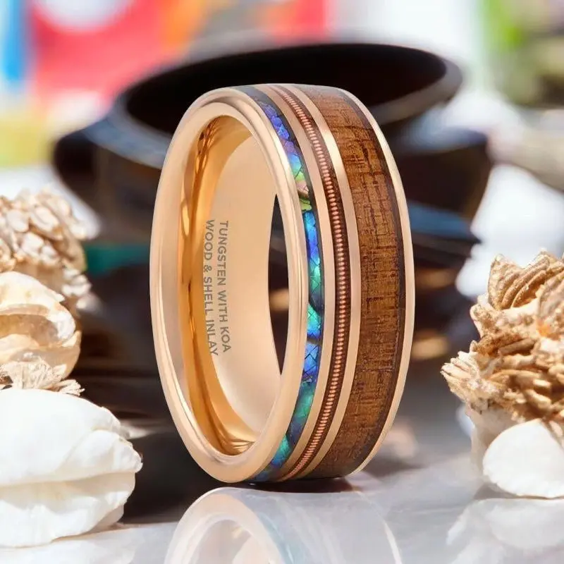 Moana | Rose Gold Tungsten Ring, Hawaiian Koa Wood, Abalone & Guitar String Inlay 1
