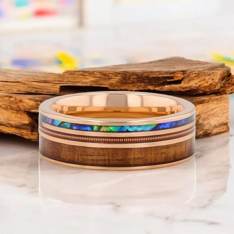 Moana | Rose Gold Tungsten Ring, Hawaiian Koa Wood, Abalone & Guitar String Inlay 4