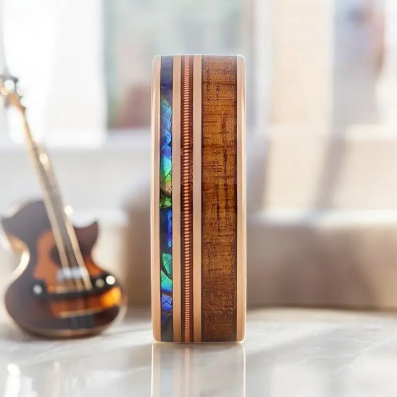 Moana | Rose Gold Tungsten Ring, Hawaiian Koa Wood, Abalone & Guitar String Inlay 3