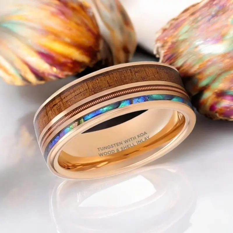 Moana | Rose Gold Tungsten Ring, Hawaiian Koa Wood, Abalone & Guitar String Inlay 2