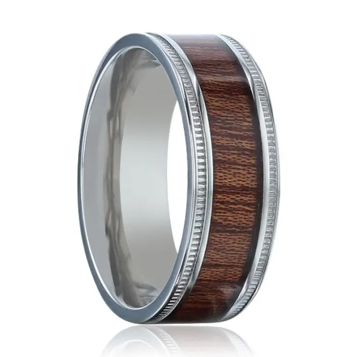 Mocha | Silver Titanium Ring, Koa Wood Inlay, Flat 1