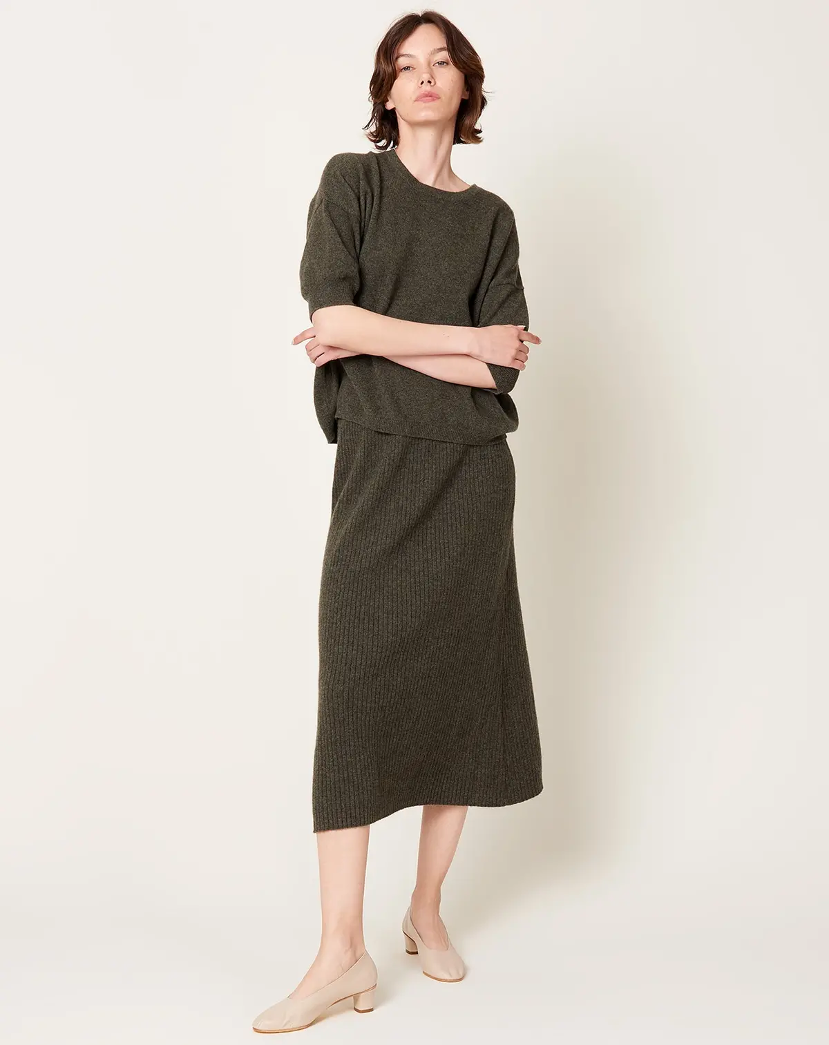Cashmere Rib Semi Circle Midi Skirt In Olive Melange 1