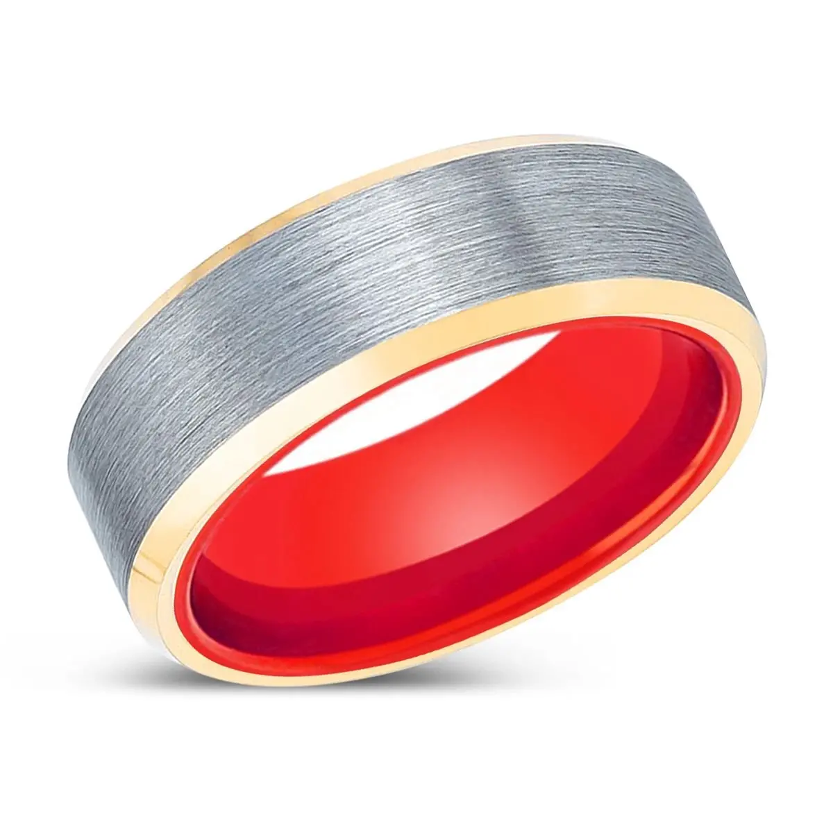 Mohawk | Red Ring, Silver Tungsten Ring, Brushed, Gold Beveled Edges 2