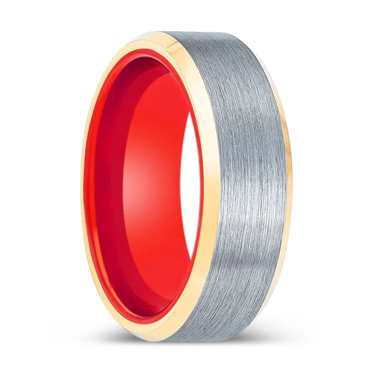 Mohawk | Red Ring, Silver Tungsten Ring, Brushed, Gold Beveled Edges 1