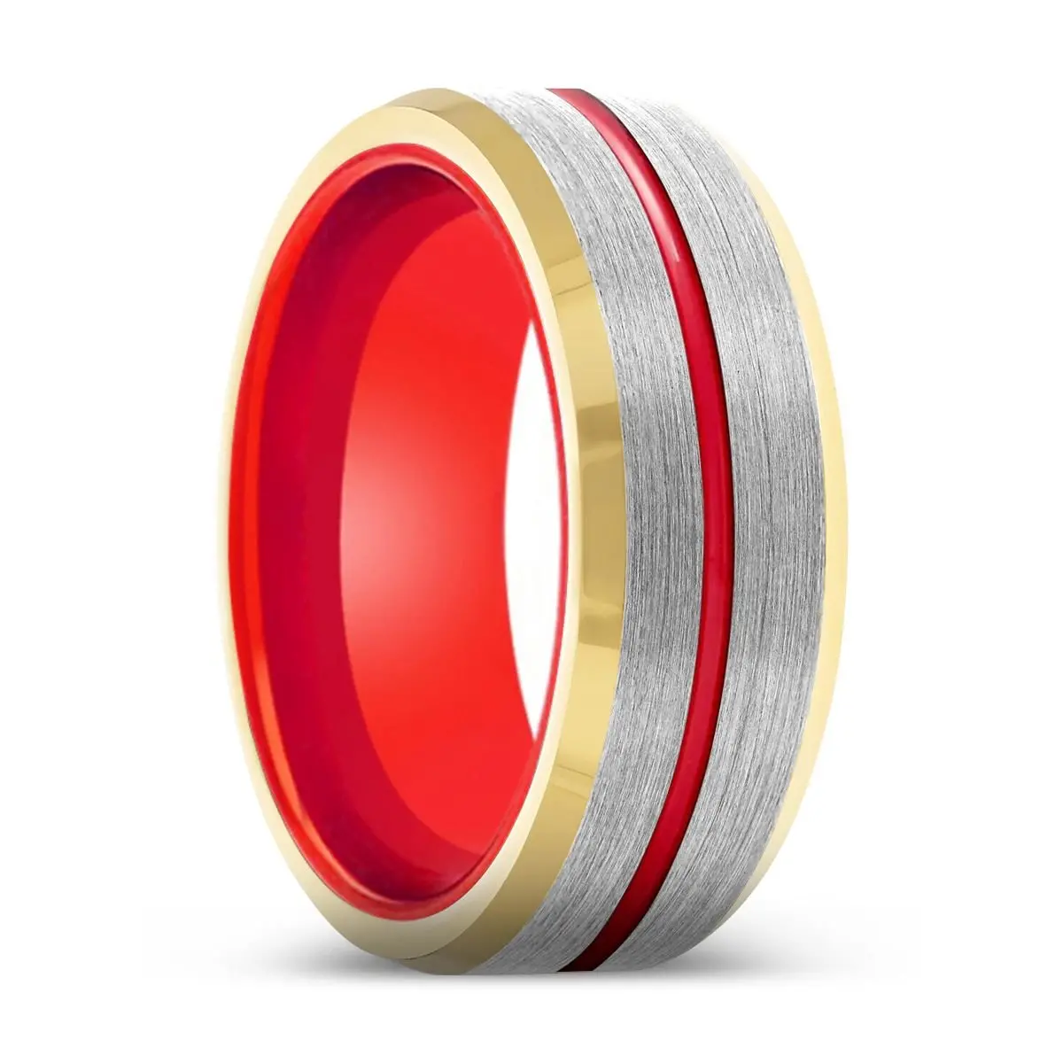 Molten | Red Ring, Silver Tungsten Ring, Red Groove, Gold Beveled Edge 1